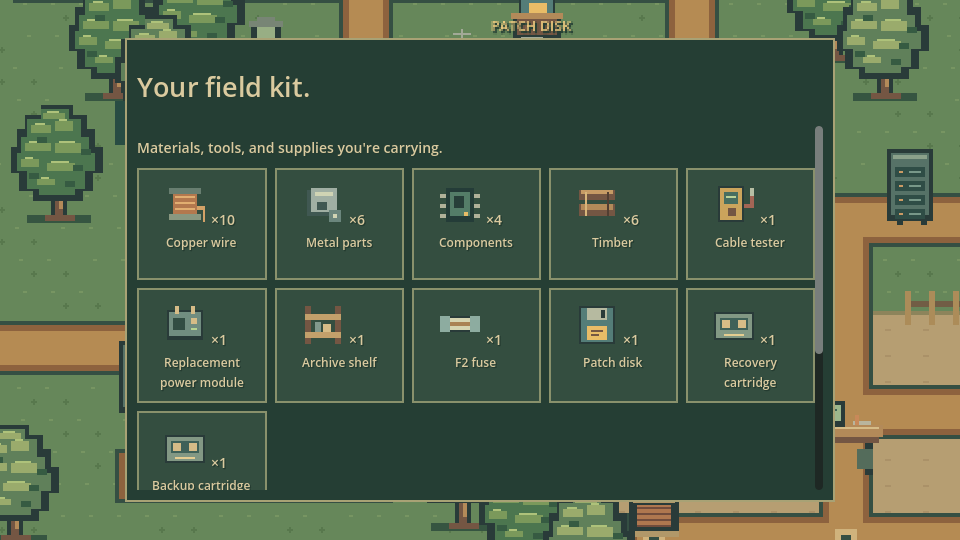 Field kit inventory filled with salvage, tools, and repair supplies
