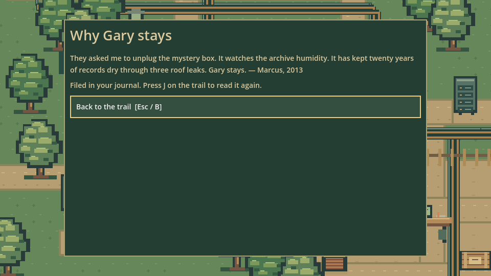 Journal entry: Why Gary stays. A mystery box that has kept the archives dry through three roof leaks
