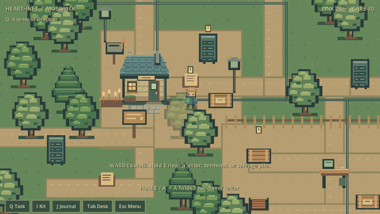 The player standing by a cottage and a handover letter at the edge of Mosswick