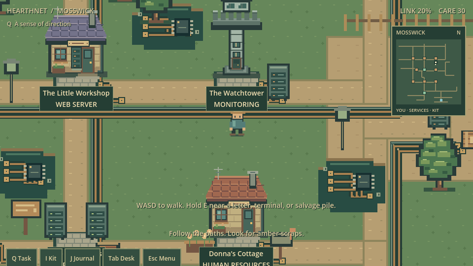 Labeled buildings along Mosswick’s copper lines: Workshop, Watchtower, Donna’s Cottage